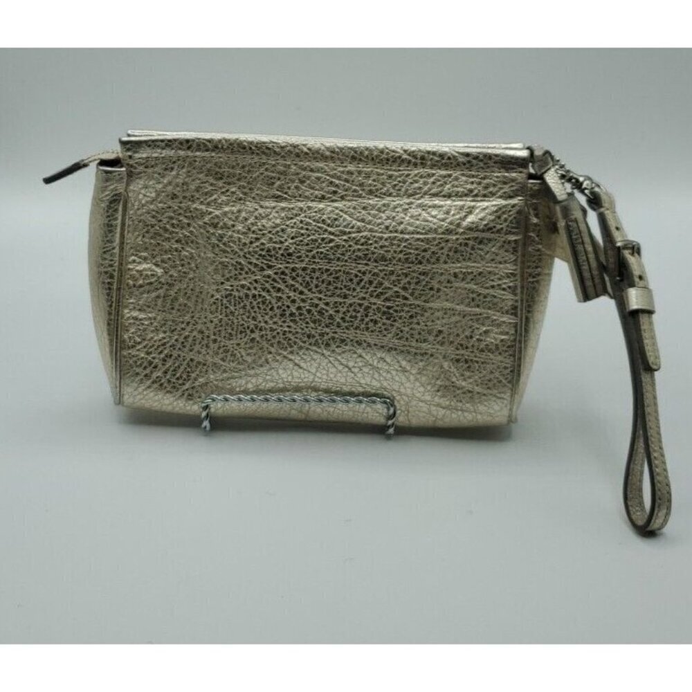 Coach Pebbled Gold Leather Small Zip Tassel Wristlet Removable Strap